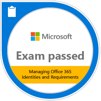 Microsoft badge indicating successful completion of Office 365 identity exam.
