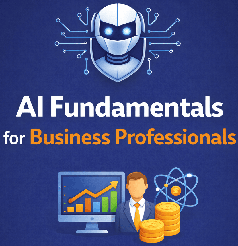 AI fundamentals for business professionals with a robot icon and data analysis visuals.