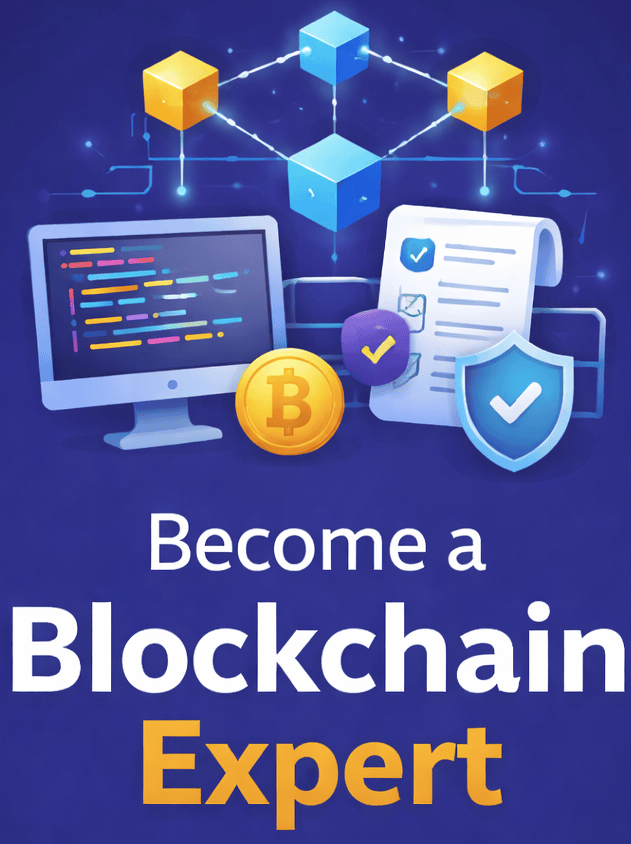 Blockchain technology training with digital assets and security icons.