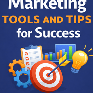 Marketing tools and tips for business success with charts, gears, and lightbulb icons.