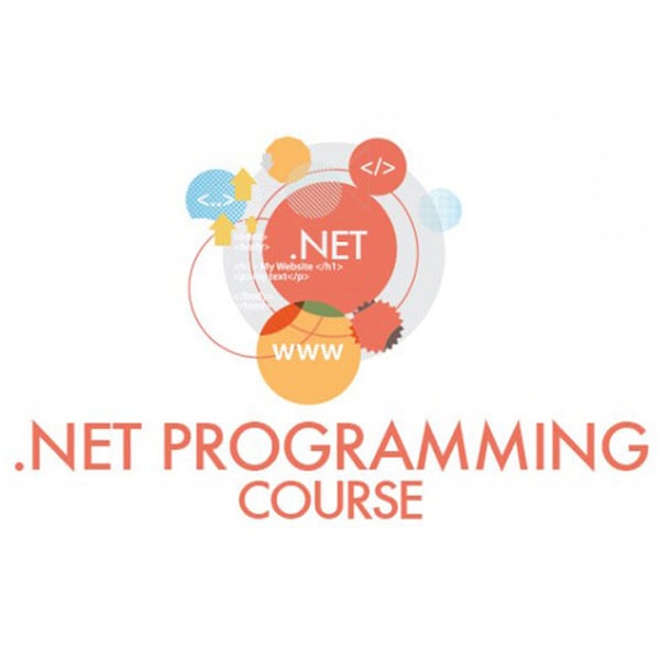 Visual of .NET programming with web development icons and coding symbols.