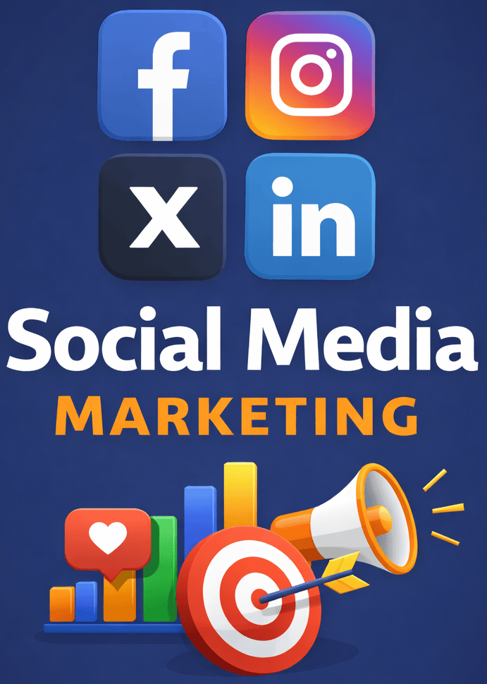 Social media icons with marketing target and megaphone for business growth.