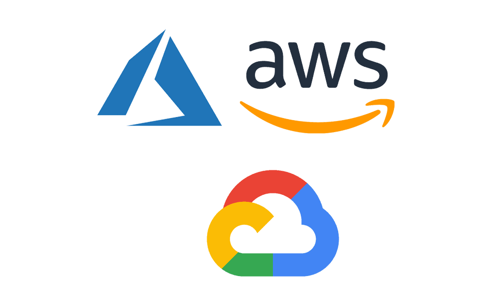 Cloud certification logos for Azure, AWS, and Google Cloud on a white background.