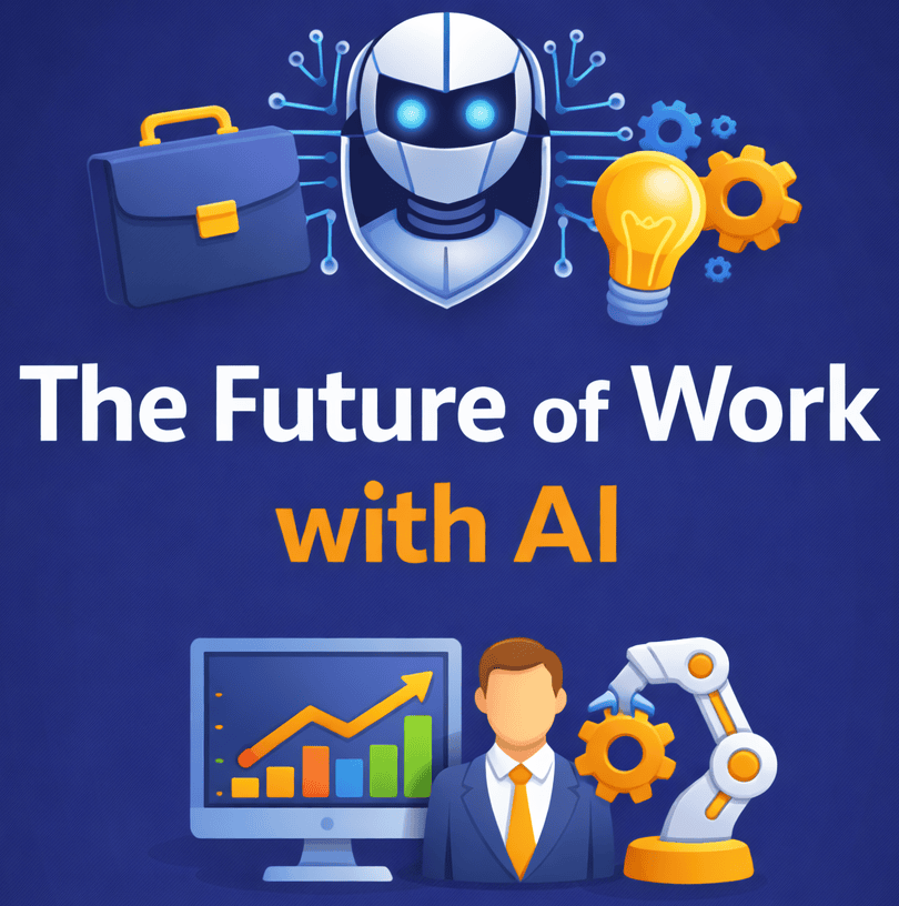 Futuristic AI and robotics leadership concept with a robot, lightbulb, and gears.