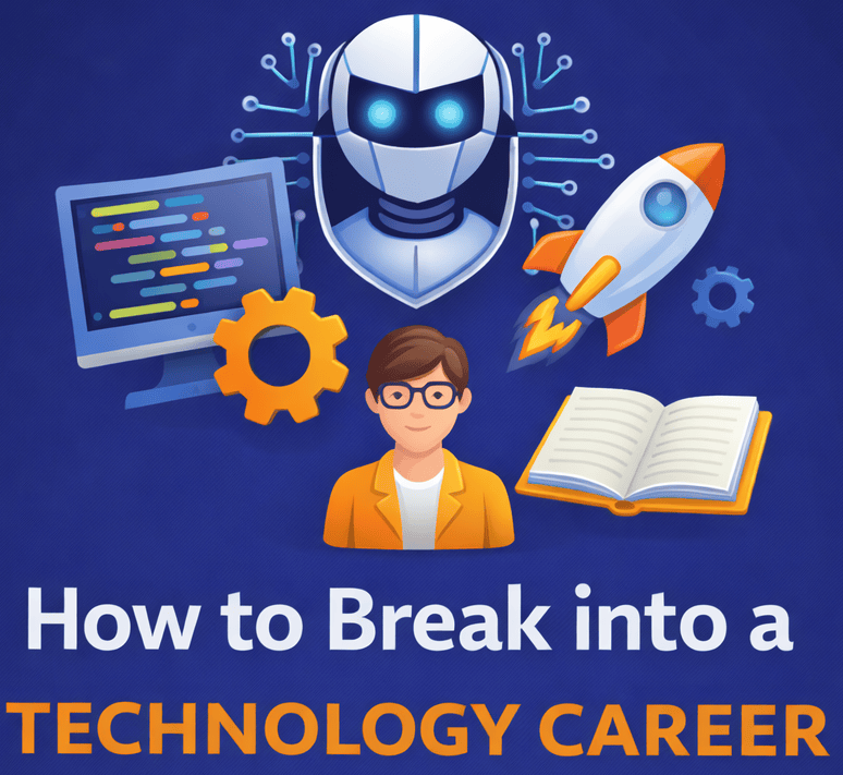 AIIT robot and tech icons representing leadership in technology careers.