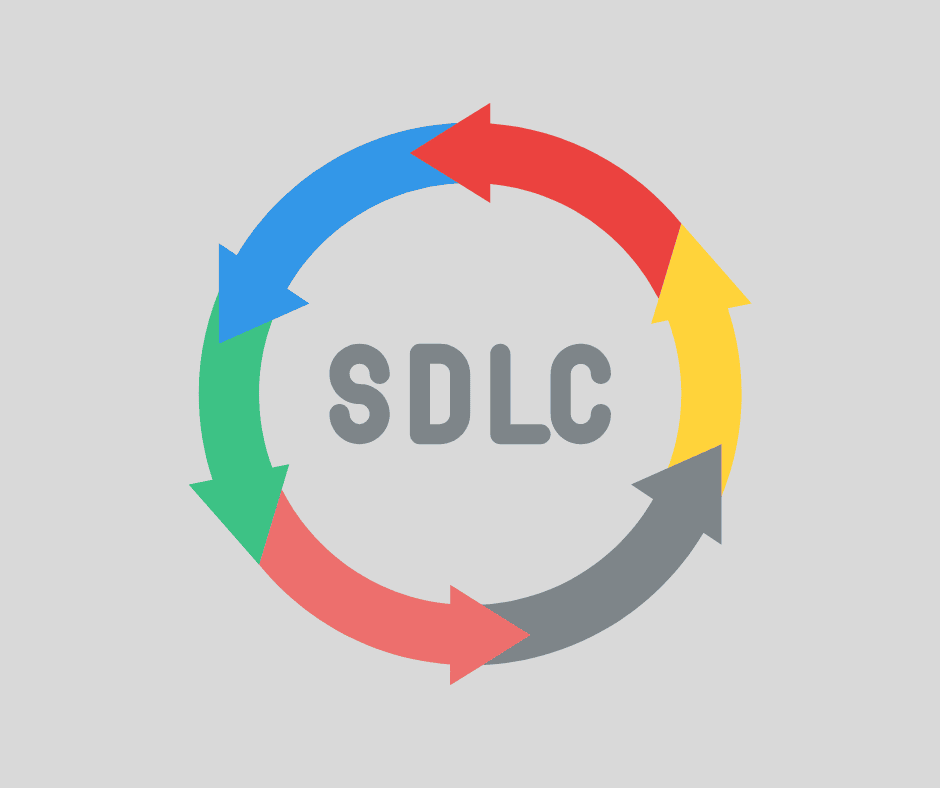 SDLC cycle diagram with colorful arrows representing software development stages.